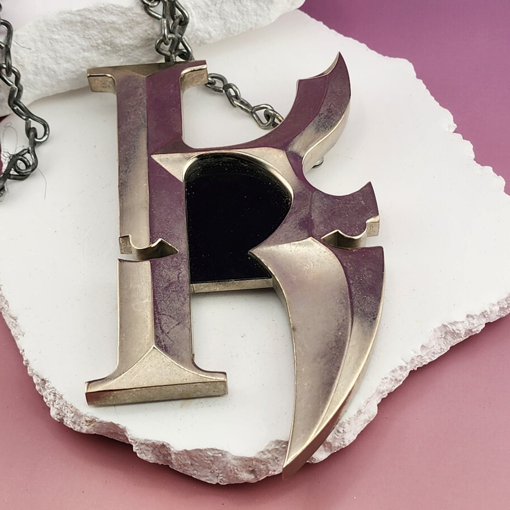 Oversized Silver Tone Black Inlay Abstract Pendant Necklace Chunky Statement